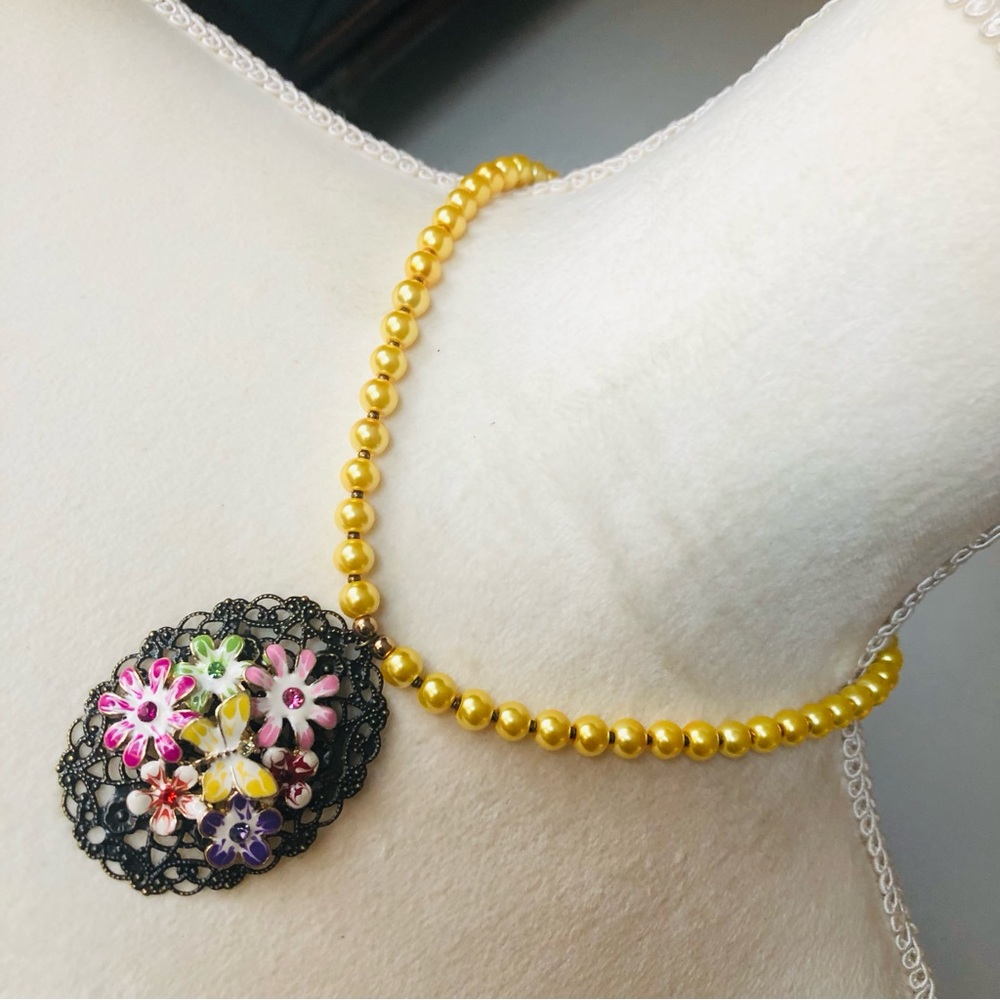 Handcrafted repurpose floral garden filigree pendant Czech glass Pearl necklace